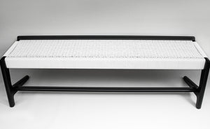 Cantilever Long Bench, Black Ebonized Wood, Woven White Danish Cord, Entryway, Bedroom, Custom