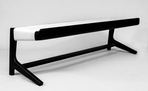 Cantilever Long Bench, Black Ebonized Wood, Woven White Danish Cord, Entryway, Bedroom, Custom