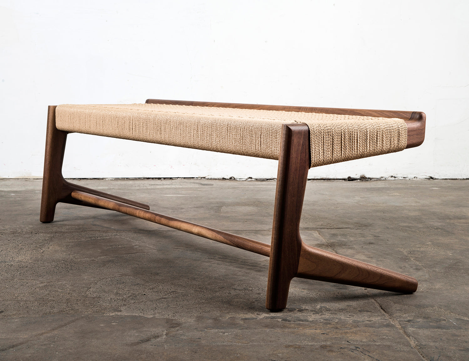 Rian Cantilever Long Bench, Woven Danish Cord, Hardwood, Mid-century Style,  Custom - Semigood Design